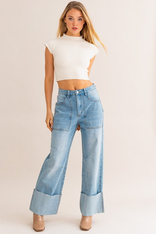 Rae High-Waisted Wide Leg Cuffed Jeans