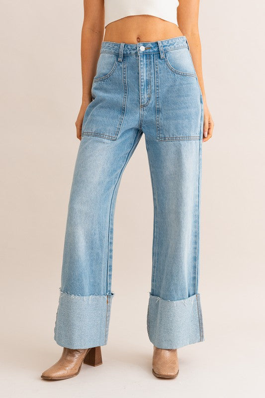 Rae High-Waisted Wide Leg Cuffed Jeans