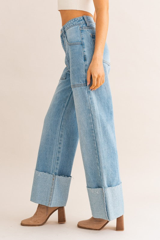 Rae High-Waisted Wide Leg Cuffed Jeans