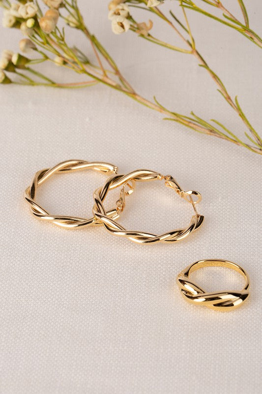 Double Twist Gold Ring & Earring Set