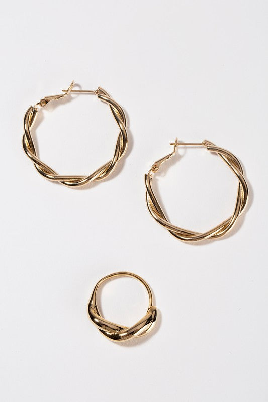 Double Twist Gold Ring & Earring Set